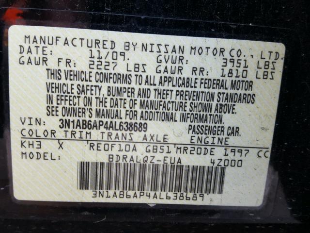 3N1AB6AP4AL638689 - 2010 NISSAN SENTRA 2.0 BLACK photo 10