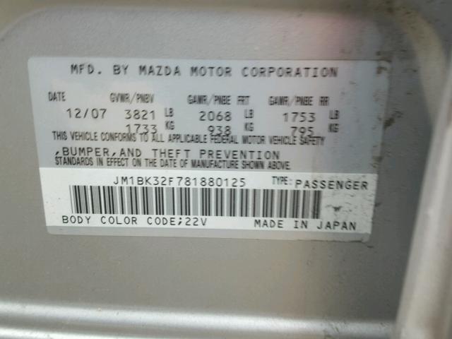 JM1BK32F781880125 - 2008 MAZDA 3 I SILVER photo 10