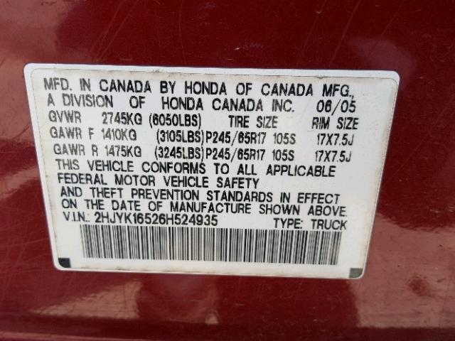 2HJYK16526H524935 - 2006 HONDA RIDGELINE MAROON photo 10