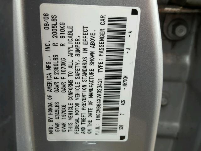 1HGCM664X7A023421 - 2007 HONDA ACCORD SE SILVER photo 10