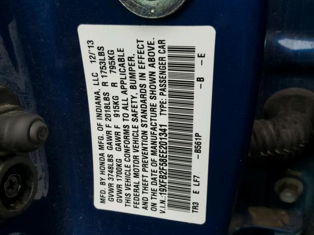 19XFB2F58EE201341 - 2014 HONDA CIVIC LX BLUE photo 10