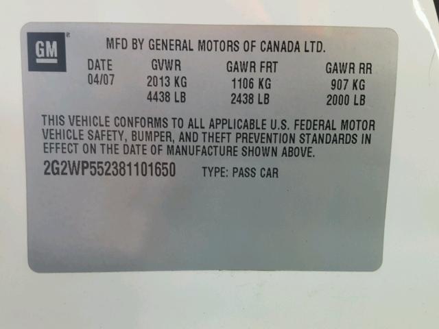 2G2WP552381101650 - 2008 PONTIAC GRAND PRIX თეთრი ფოტო 10