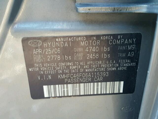 KMHFC46F06A115393 - 2006 HYUNDAI AZERA SE GRAY photo 10