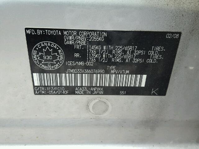 JTMBD33V386076990 - 2008 TOYOTA RAV4 SILVER photo 10