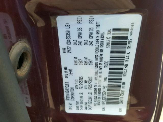 1B7GL12X72S541723 - 2002 DODGE DAKOTA BAS BURGUNDY photo 10