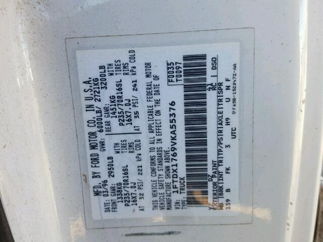 1FTDX1769VKA55376 - 1997 FORD F150 WHITE photo 10