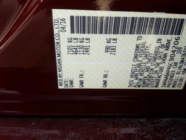 1N4AA6AP4GC904206 - 2016 NISSAN MAXIMA BURGUNDY photo 10