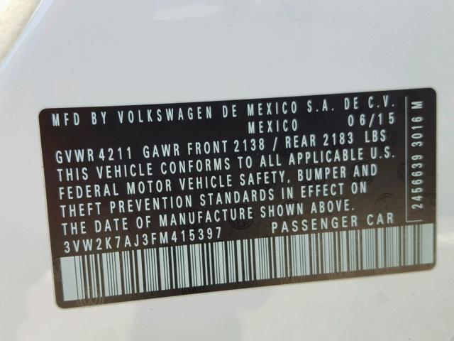 3VW2K7AJ3FM415397 - 2015 VOLKSWAGEN JETTA BASE WHITE photo 10