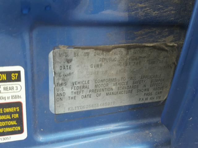 KL1TD62685B485917 - 2005 CHEVROLET AVEO BASE Көк фото 10