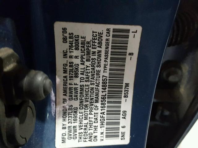 1HGFA16856L148857 - 2006 HONDA CIVIC BLUE photo 10