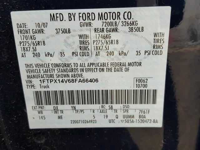 1FTPX14V68FA66406 - 2008 FORD F150 BLUE photo 10