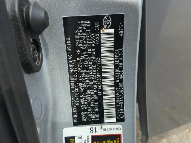 4T1BK1EB3FU147882 - 2015 TOYOTA AVALON XLE 银色 照片 10