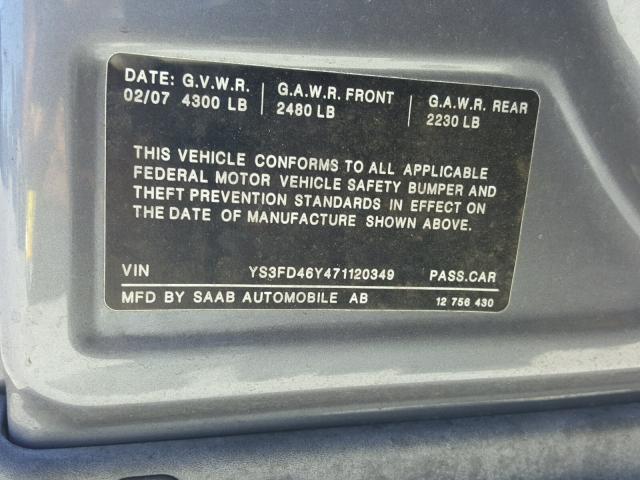 YS3FD46Y471120349 - 2007 SAAB 9-3 2.0T GRAY photo 10