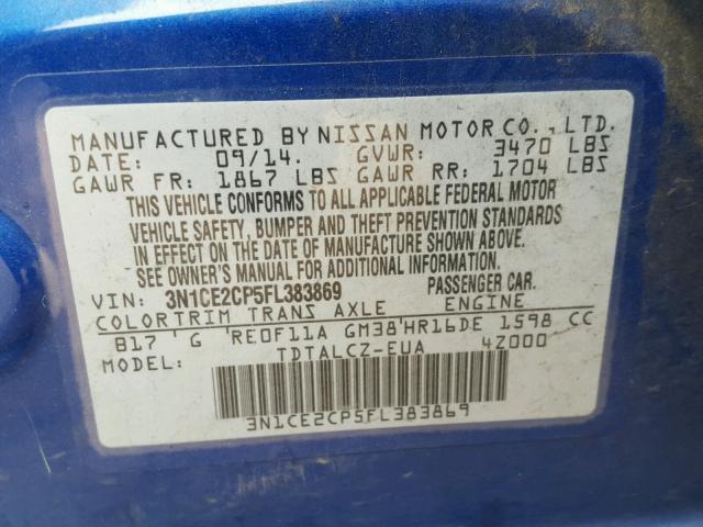 3N1CE2CP5FL383869 - 2015 NISSAN VERSA NOTE BLUE photo 10