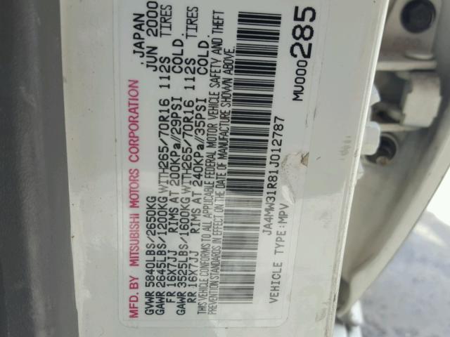 JA4MW31R81J012787 - 2001 MITSUBISHI MONTERO XL WHITE photo 10