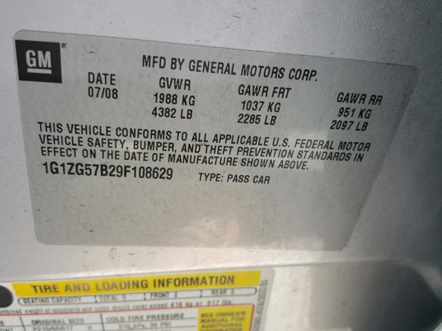 1G1ZG57B29F108629 - 2009 CHEVROLET MALIBU LS ვერცხლისფერი ფოტო 10