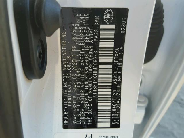 4T1BF1FK4HU308343 - 2017 TOYOTA CAMRY LE 白色 照片 10