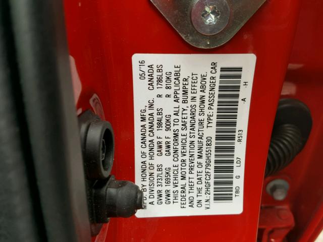 2HGFC2F79GH551830 - 2016 HONDA CIVIC EX RED photo 10