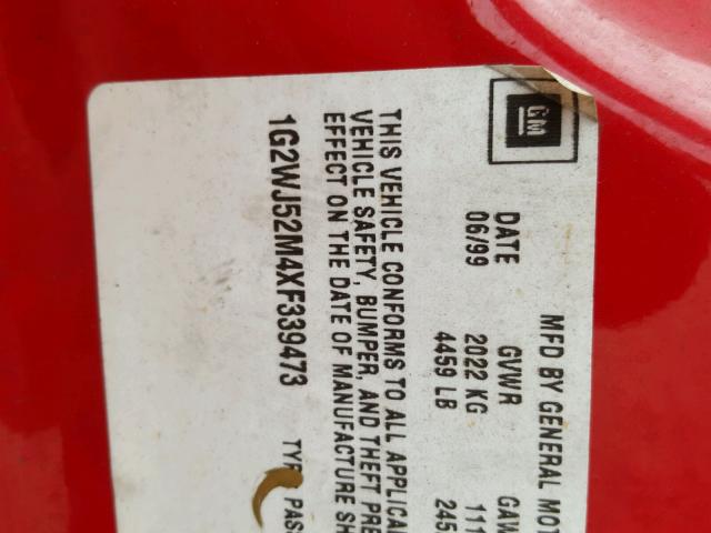 1G2WJ52M4XF339473 - 1999 PONTIAC GRAND PRIX 红色 照片 10