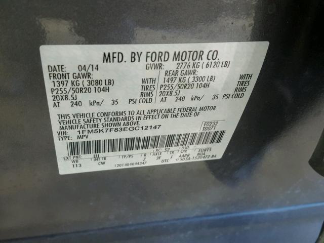 1FM5K7F83EGC12147 - 2014 FORD EXPLORER L GRAY photo 10