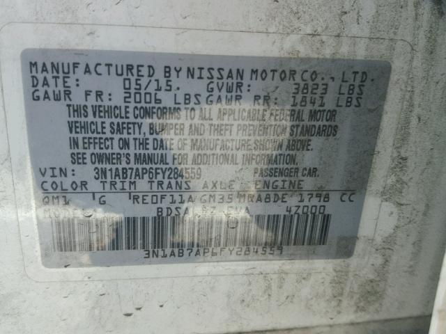 3N1AB7AP6FY284559 - 2015 NISSAN SENTRA S WHITE photo 10