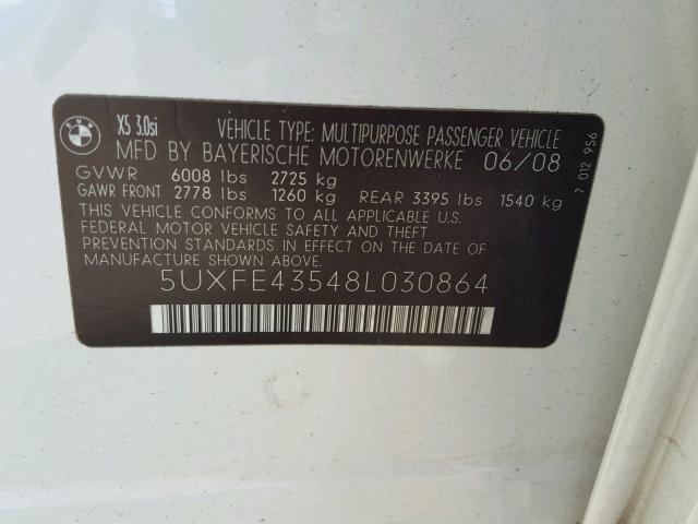 5UXFE43548L030864 - 2008 BMW X5 3.0I WHITE photo 10