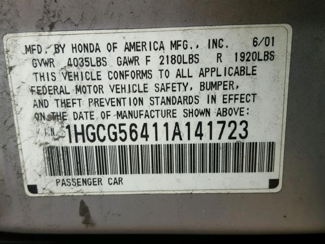 1HGCG56411A141723 - 2001 HONDA ACCORD LX GRAY photo 10