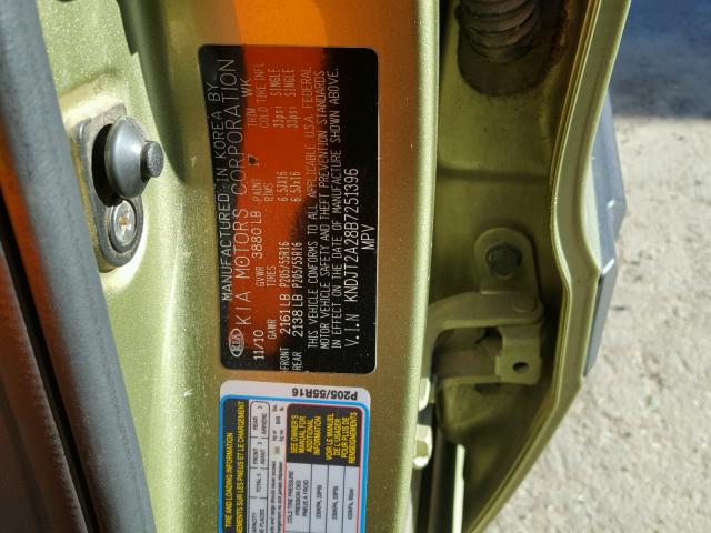 KNDJT2A28B7251396 - 2011 KIA SOUL GREEN photo 10