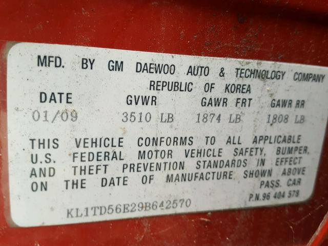 KL1TD56E29B642570 - 2009 CHEVROLET AVEO LS RED photo 10