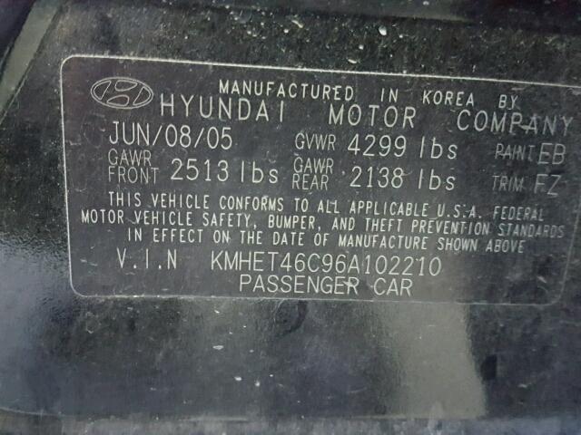 KMHET46C96A102210 - 2006 HYUNDAI SONATA GL BLACK photo 10