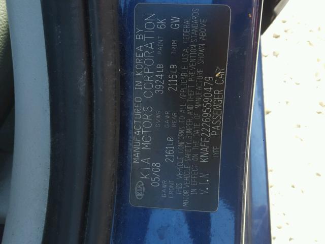 KNAFE222695590479 - 2009 KIA SPECTRA EX BLUE photo 10