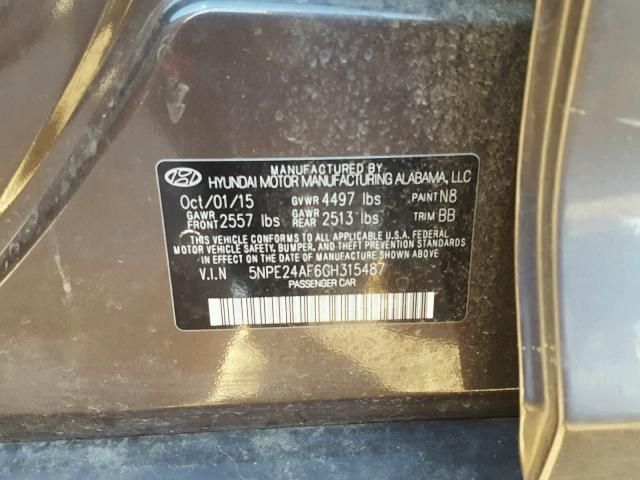 5NPE24AF6GH315487 - 2016 HYUNDAI SONATA SE GRAY photo 10