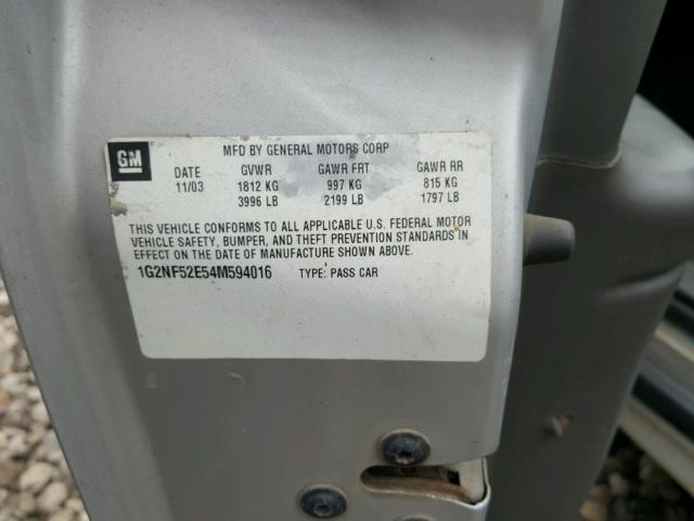 1G2NF52E54M594016 - 2004 PONTIAC GRAND AM S ვერცხლისფერი ფოტო 10