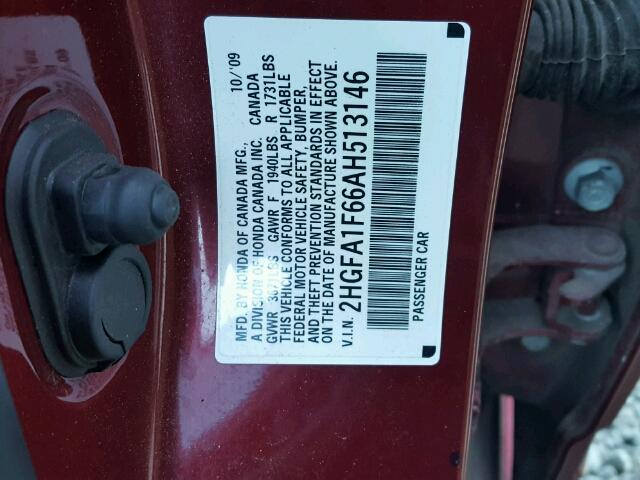 2HGFA1F66AH513146 - 2010 HONDA CIVIC RED photo 10