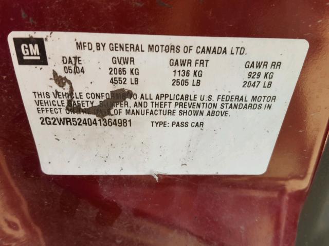 2G2WR524041364981 - 2004 PONTIAC GRAND PRIX 红色 照片 10