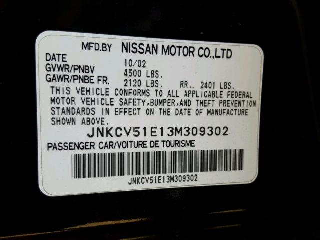 JNKCV51E13M309302 - 2003 INFINITI G35 BLACK photo 10