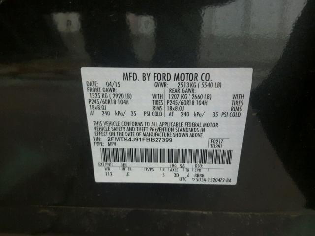 2FMTK4J91FBB27399 - 2015 FORD EDGE SEL BLACK photo 10