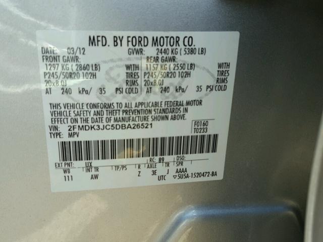 2FMDK3JC5DBA26521 - 2013 FORD EDGE SILVER photo 10