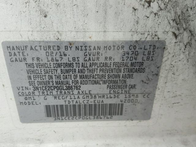 3N1CE2CP0GL386762 - 2016 NISSAN VERSA NOTE WHITE photo 10