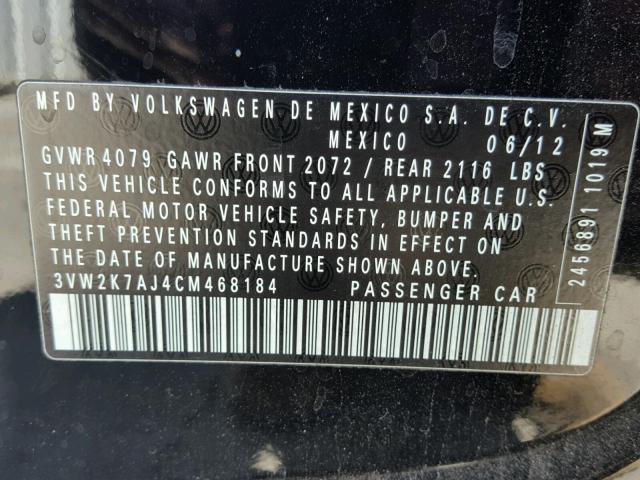 3VW2K7AJ4CM468184 - 2012 VOLKSWAGEN JETTA BASE BLACK photo 10