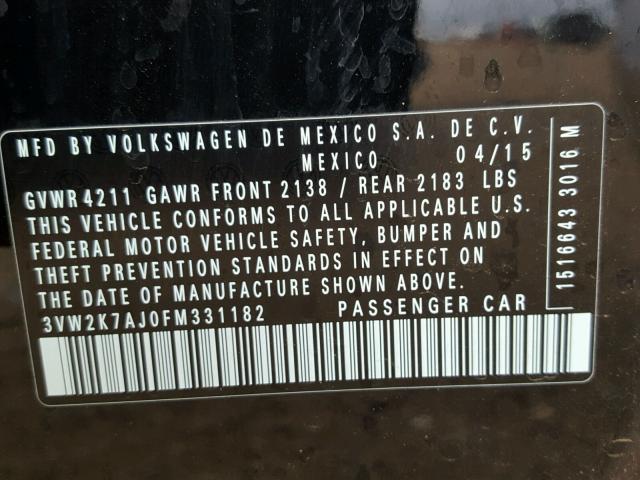 3VW2K7AJ0FM331182 - 2015 VOLKSWAGEN JETTA BASE BLACK photo 10