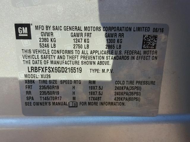 LRBFXFSX6GD216519 - 2016 BUICK ENVISION P SILVER photo 10