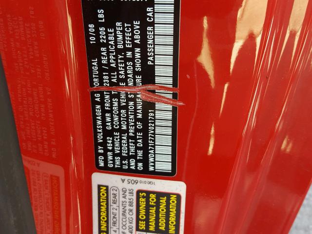 WVWDA71F77V021791 - 2007 VOLKSWAGEN EOS 2.0T S წითელი ფოტო 10