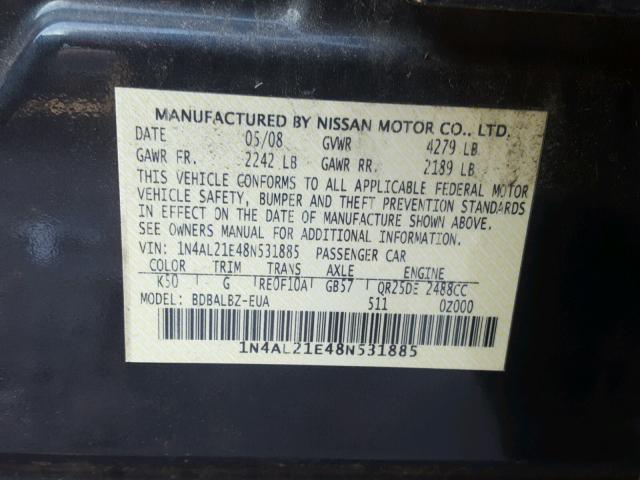 1N4AL21E48N531885 - 2008 NISSAN ALTIMA GRAY photo 10