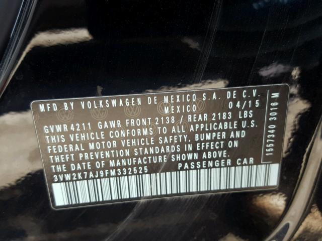 3VW2K7AJ9FM332525 - 2015 VOLKSWAGEN JETTA BASE BLACK photo 10