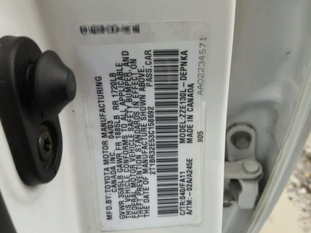 2T1BR32E53C158692 - 2003 TOYOTA COROLLA CE WHITE photo 10