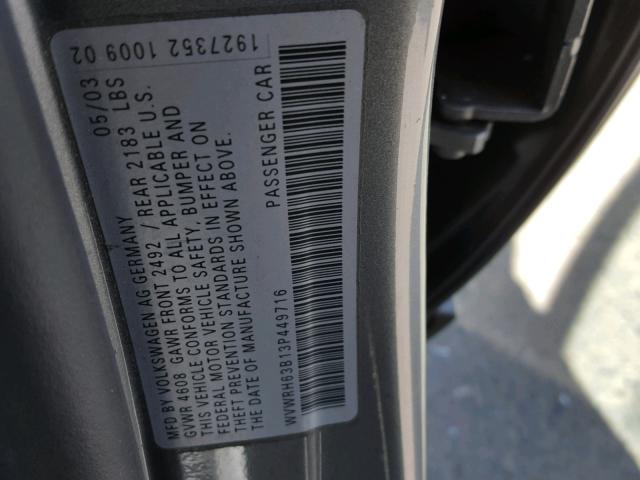 WVWRH63B13P449716 - 2003 VOLKSWAGEN PASSAT GLX GRAY photo 10