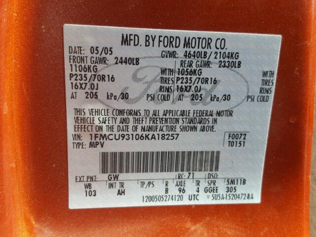 1FMCU93106KA18257 - 2006 FORD ESCAPE XLT ORANGE photo 10