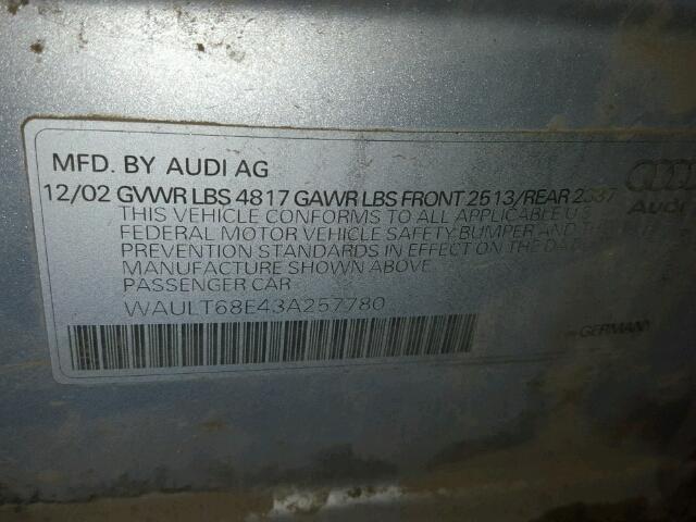 WAULT68E43A257780 - 2003 AUDI A4 3.0 QUA SILVER photo 10