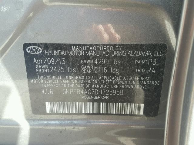 5NPEB4AC7DH725958 - 2013 HYUNDAI SONATA GLS GRAY photo 10